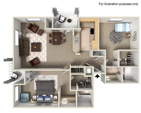 Floor plan for 2 beds, 2 baths, 1069 sqft